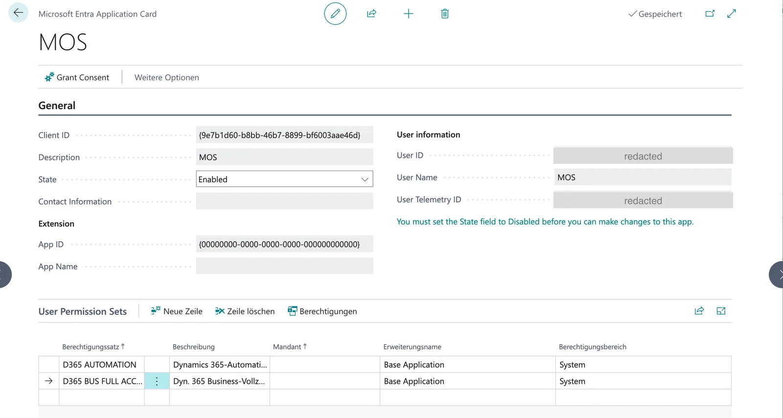 Microsoft Entra Application Card in Business Central, state Enabled, with the D365 AUTOMATION and D365 BUS FULL ACCESS permission sets and an empty company column